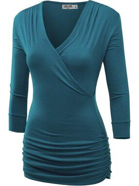 Women's T Shirts Teal V Neck 3/4 Sleeve Cross Front Casual Summer Comfort Dress